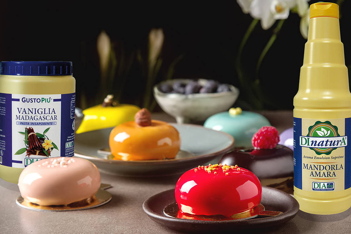 Nuovo packaging Dia Distillerie: aromi alimentari, vaniglia Madagascar, torte colorate. Grafiche rinnovate.