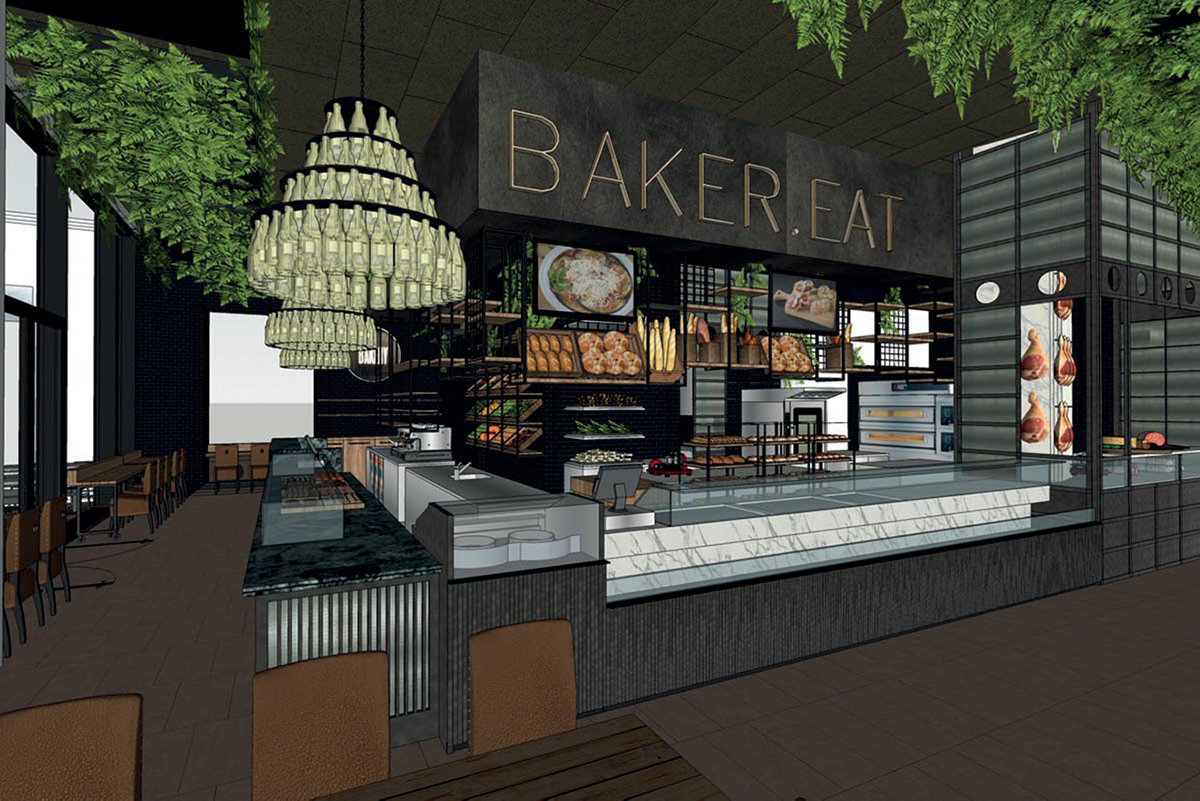 Design Baker Eat: interni panetteria con pane, dolci, salumi e lampadario originale. Rino Mini, ripresa attività.