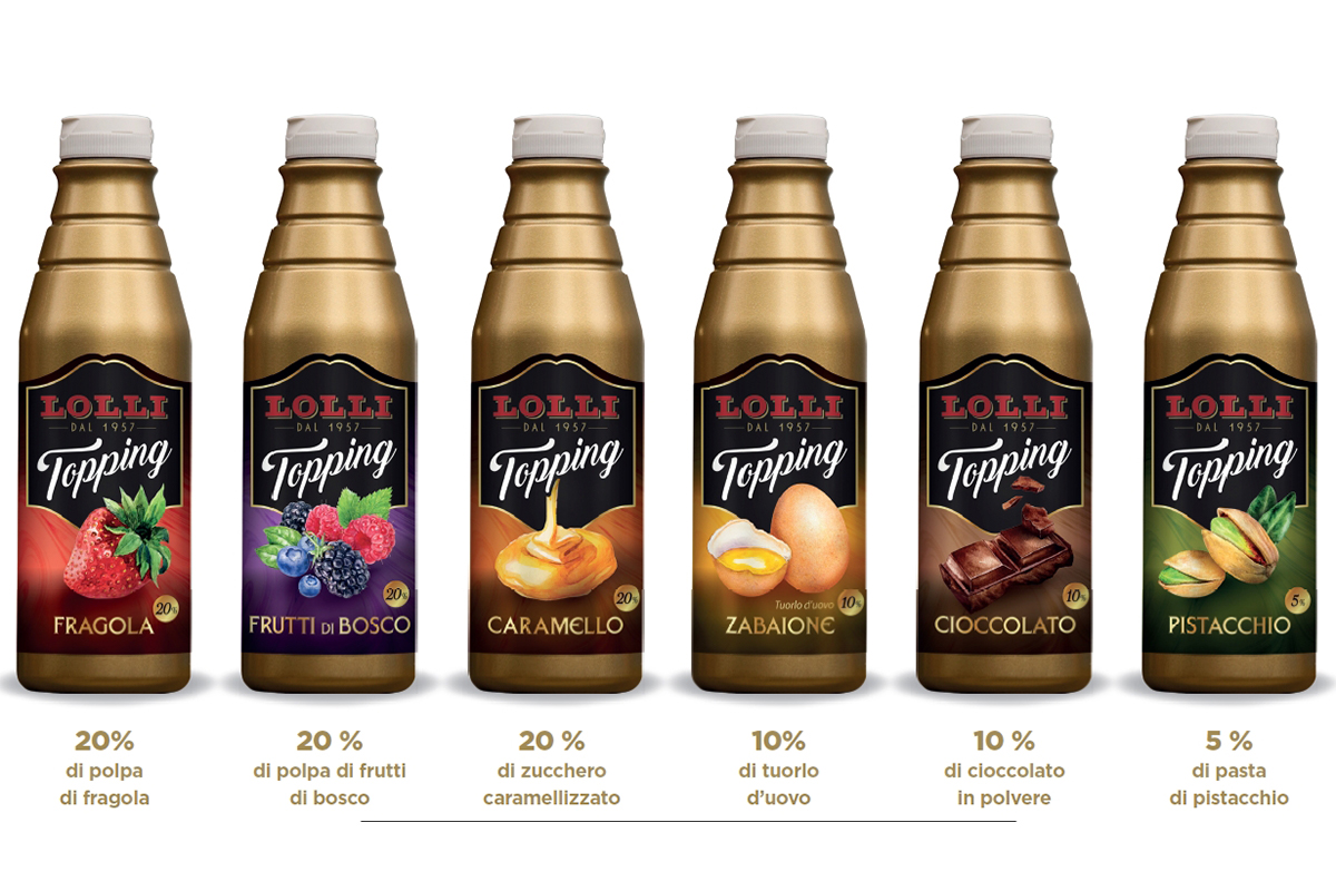 Topping Lolli Liquori: gusti fragola, frutti di bosco, caramello, zabaione, cioccolato, pistacchio. Dolci guarnizioni.