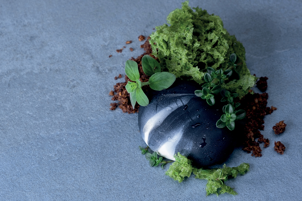 Illusione al cioccolato: dessert gourmet con cioccolato scuro, erbe aromatiche e crumble.