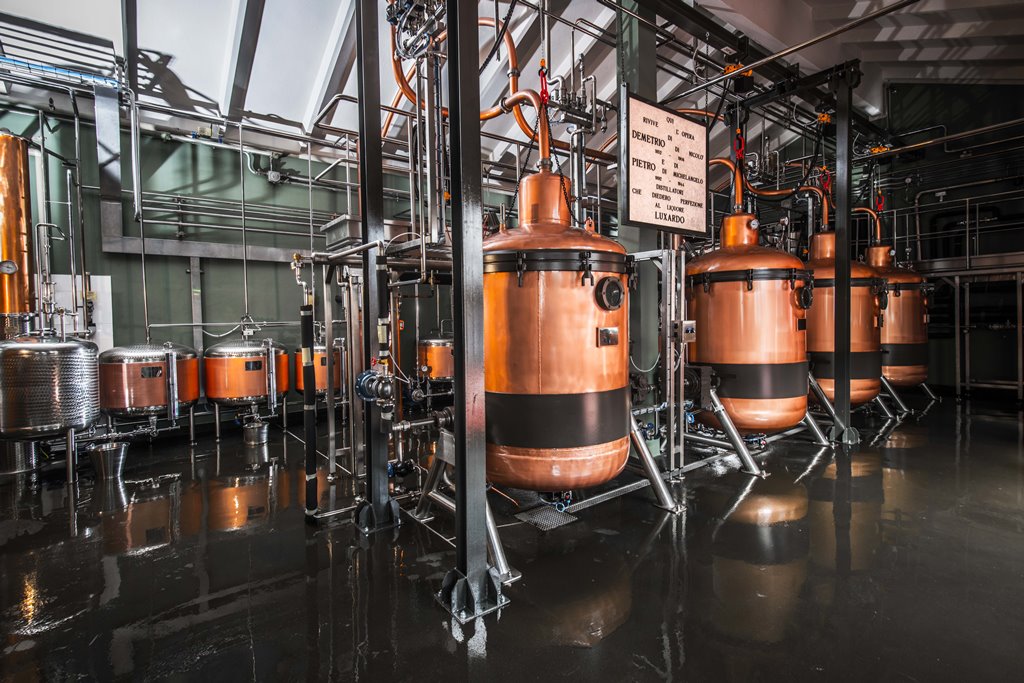 Nuova distilleria Luxardo: alambicchi in rame per la produzione di liquori e distillati di alta qualità.