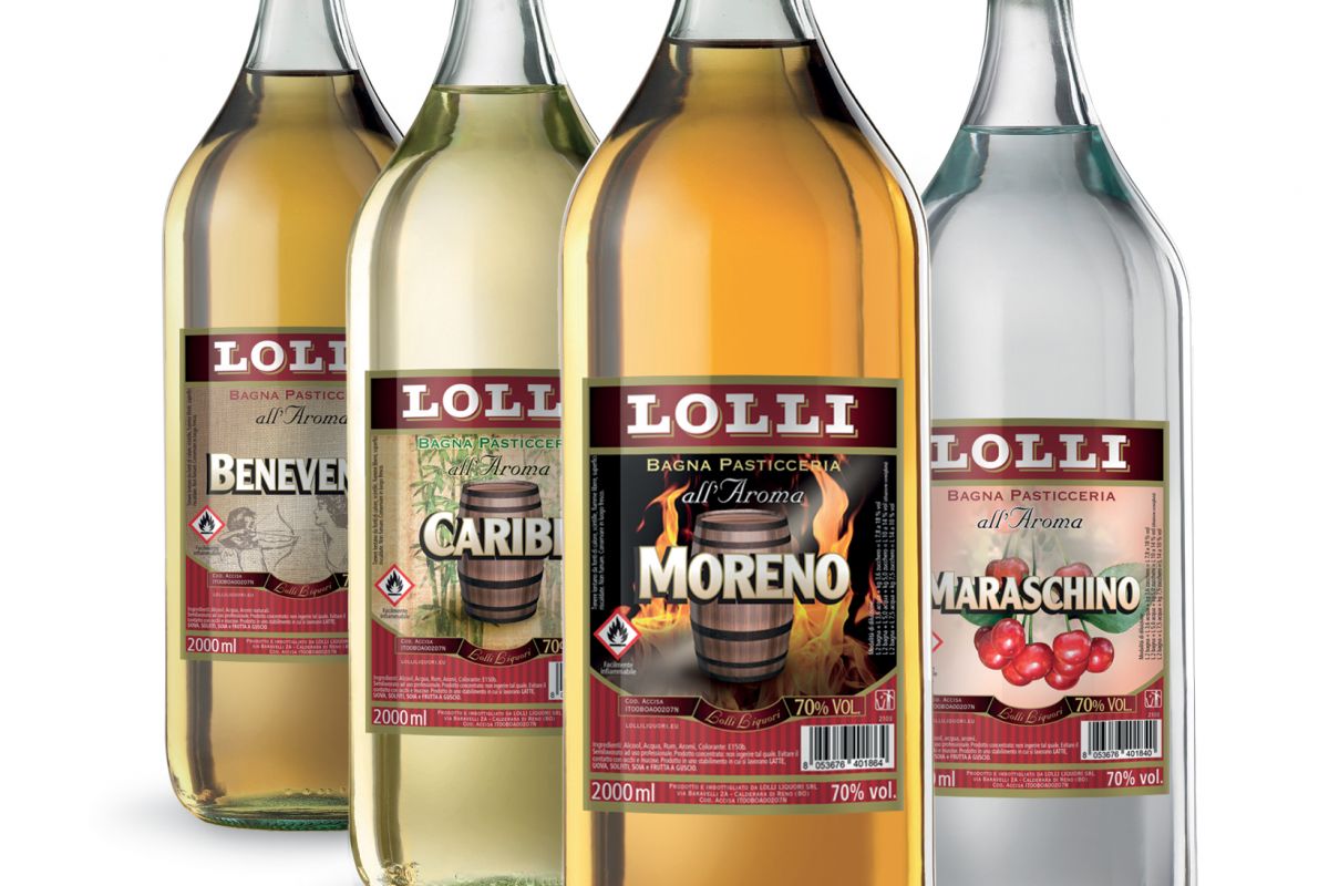 Liquori Lolli per dolci natalizi: bagne aromatizzate Benevento, Caribì, Moreno, Maraschino.