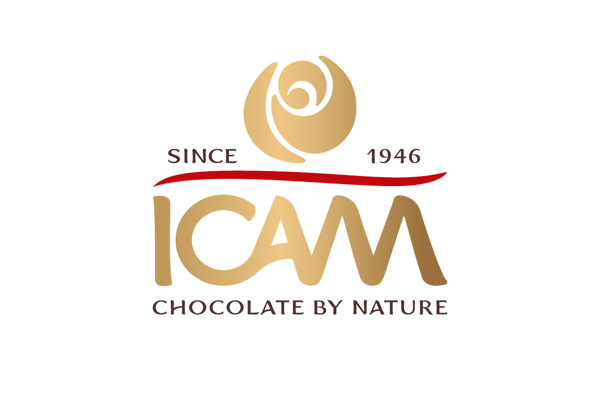 Logo ICAM Cioccolato: marchio dorato con rosa stilizzata. Cioccolato by nature dal 1946.