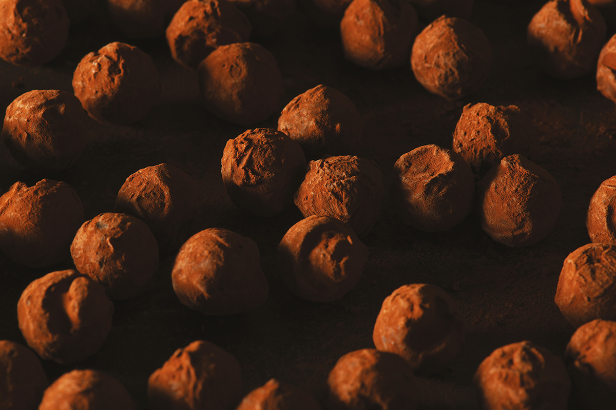 Deliziose truffes au chocolat. Cioccolatini artigianali al cacao in scatola.
